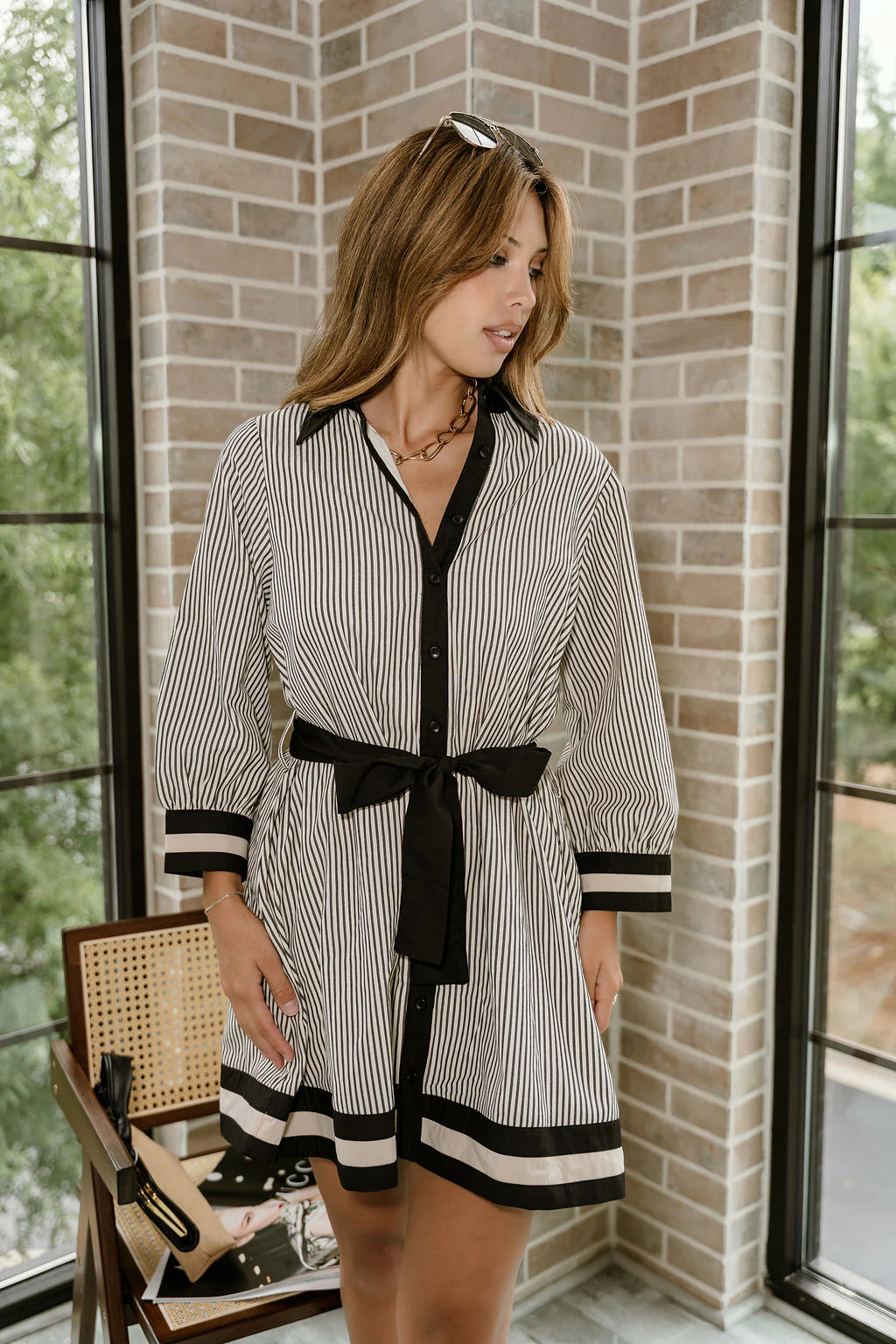 Alice Black & Cream Striped Long Sleeve Dress - Image 2