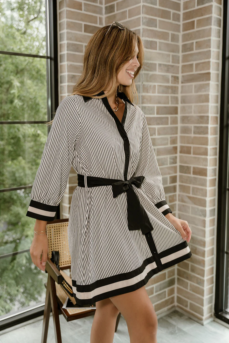 Alice Black & Cream Striped Long Sleeve Dress - Image 4