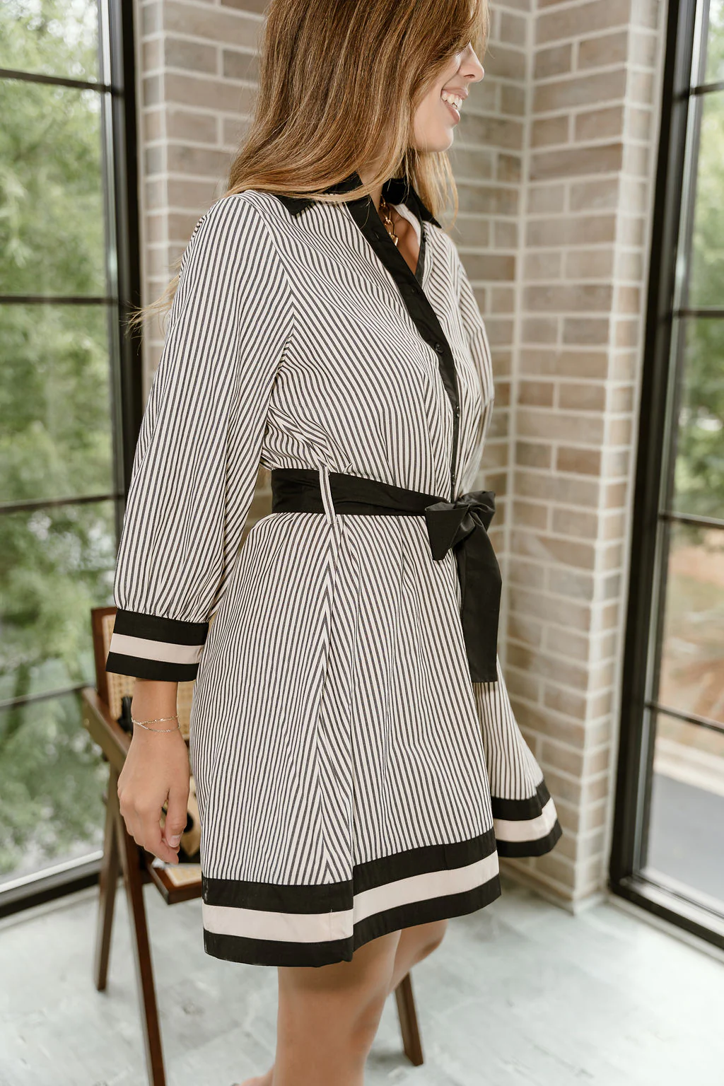 Alice Black & Cream Striped Long Sleeve Dress - Image 5