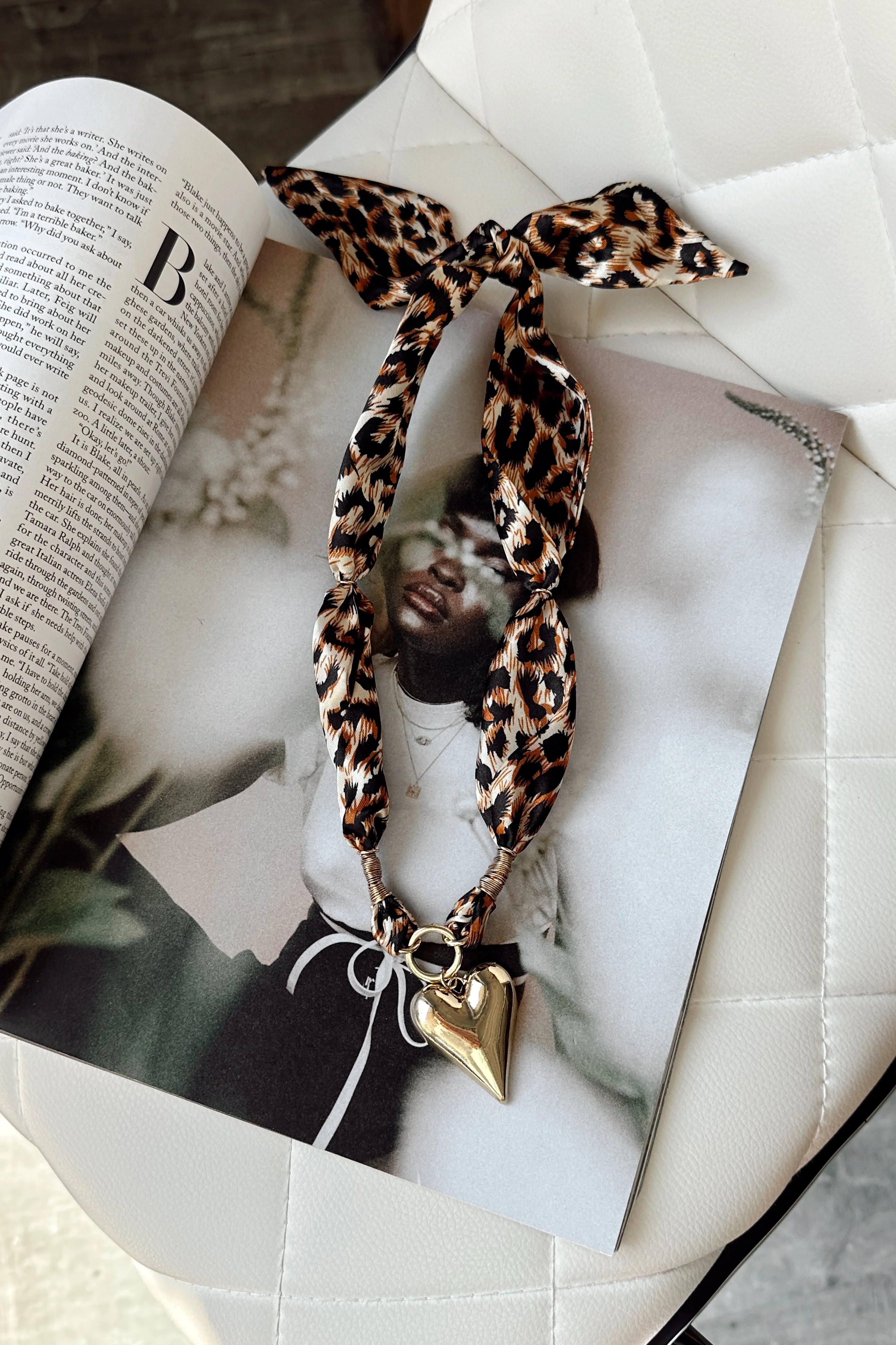 Alicia Cheetah & Gold Heart Scarf Necklace