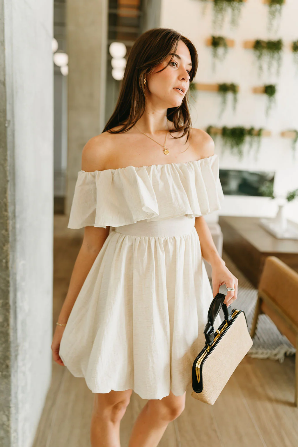 Alina Oatmeal Off-The-Shoulder Bubble Mini Dress - Image 2