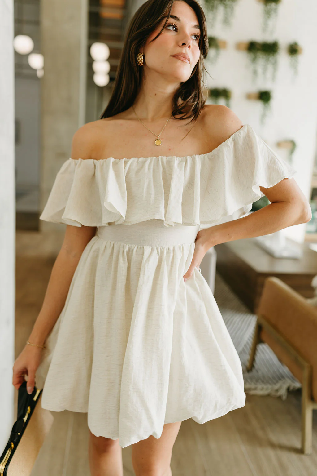 Alina Oatmeal Off-The-Shoulder Bubble Mini Dress - Image 3