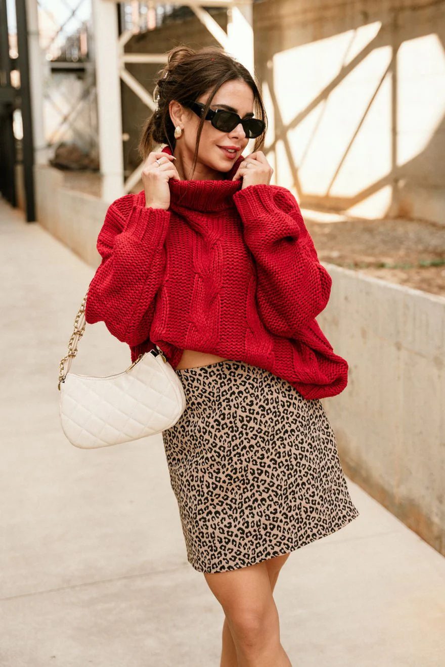 Alina Red Cable Knit Turtleneck Sweater