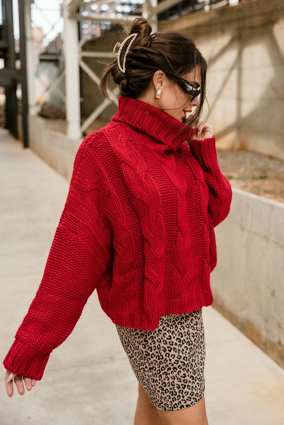 Alina Red Cable Knit Turtleneck Sweater - Image 4
