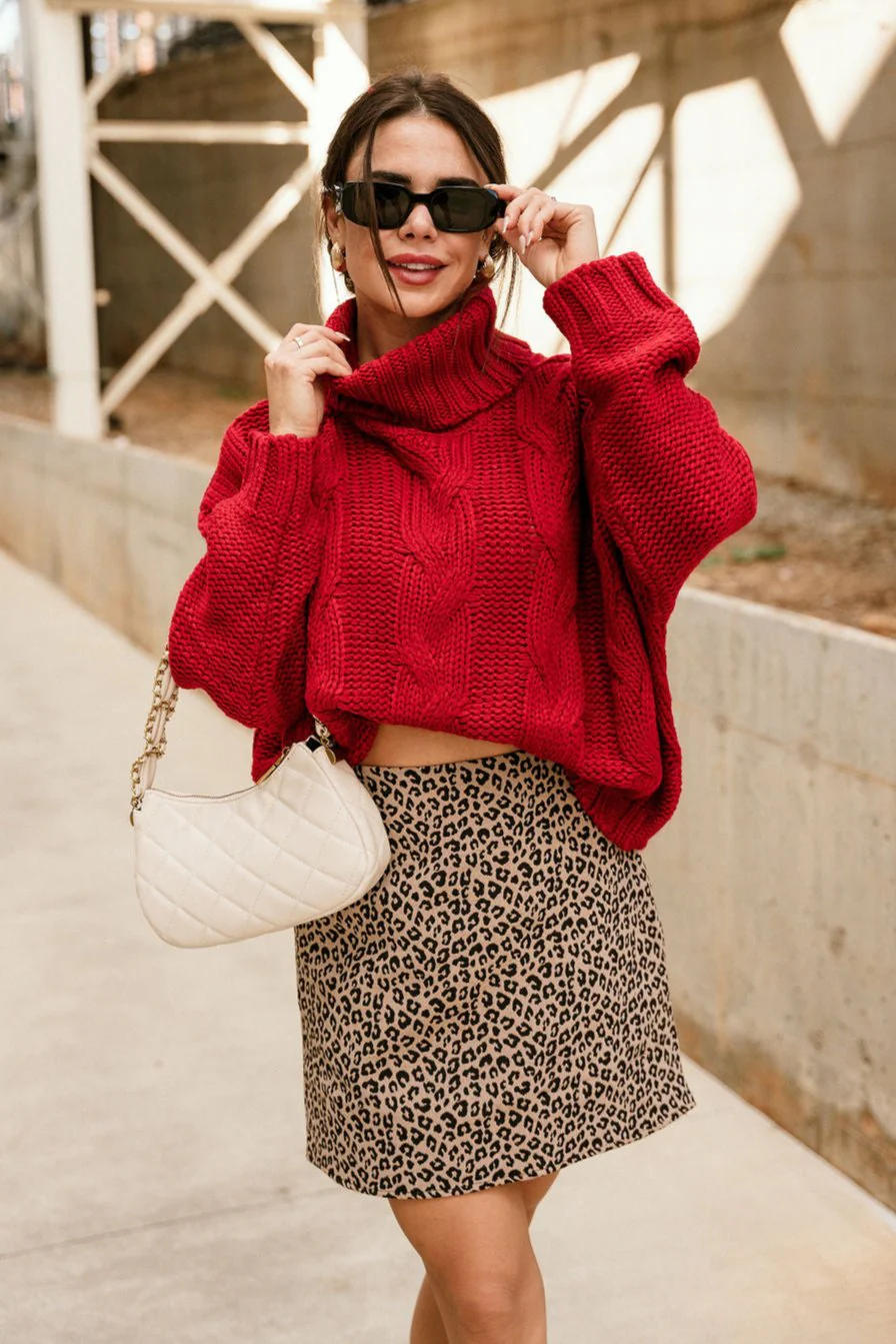 Alina Red Cable Knit Turtleneck Sweater - Image 6