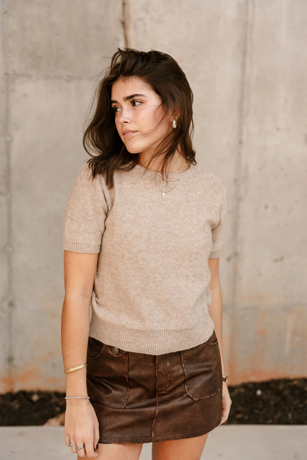 Aliya Taupe Knit Short Sleeve Sweater - Image 3