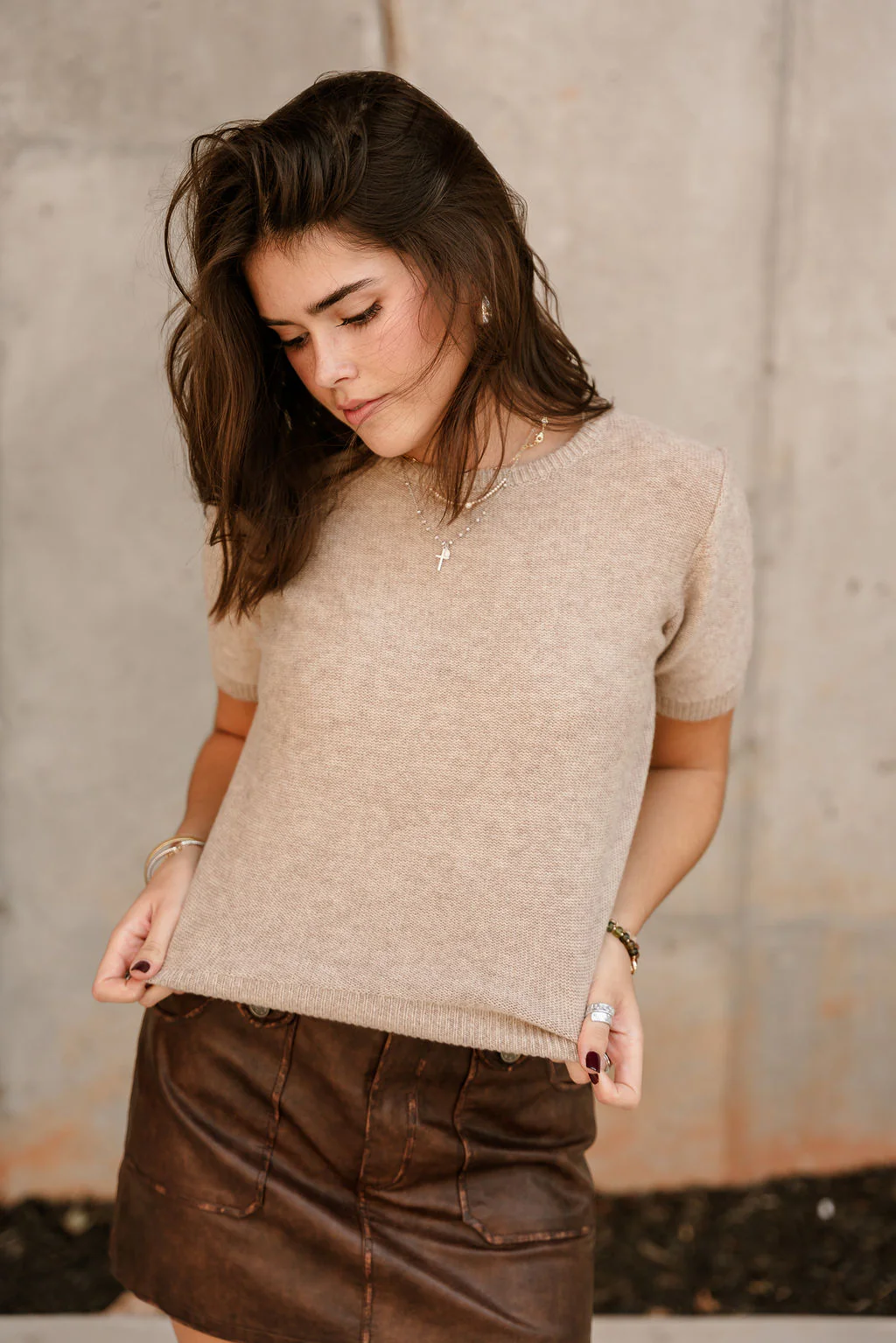 Aliya Taupe Knit Short Sleeve Sweater - Image 4
