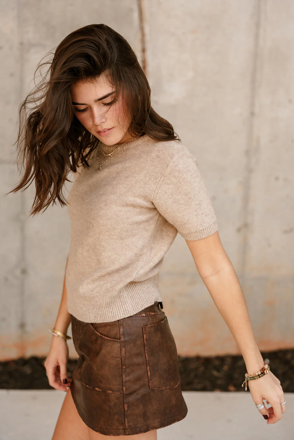 Aliya Taupe Knit Short Sleeve Sweater - Image 5