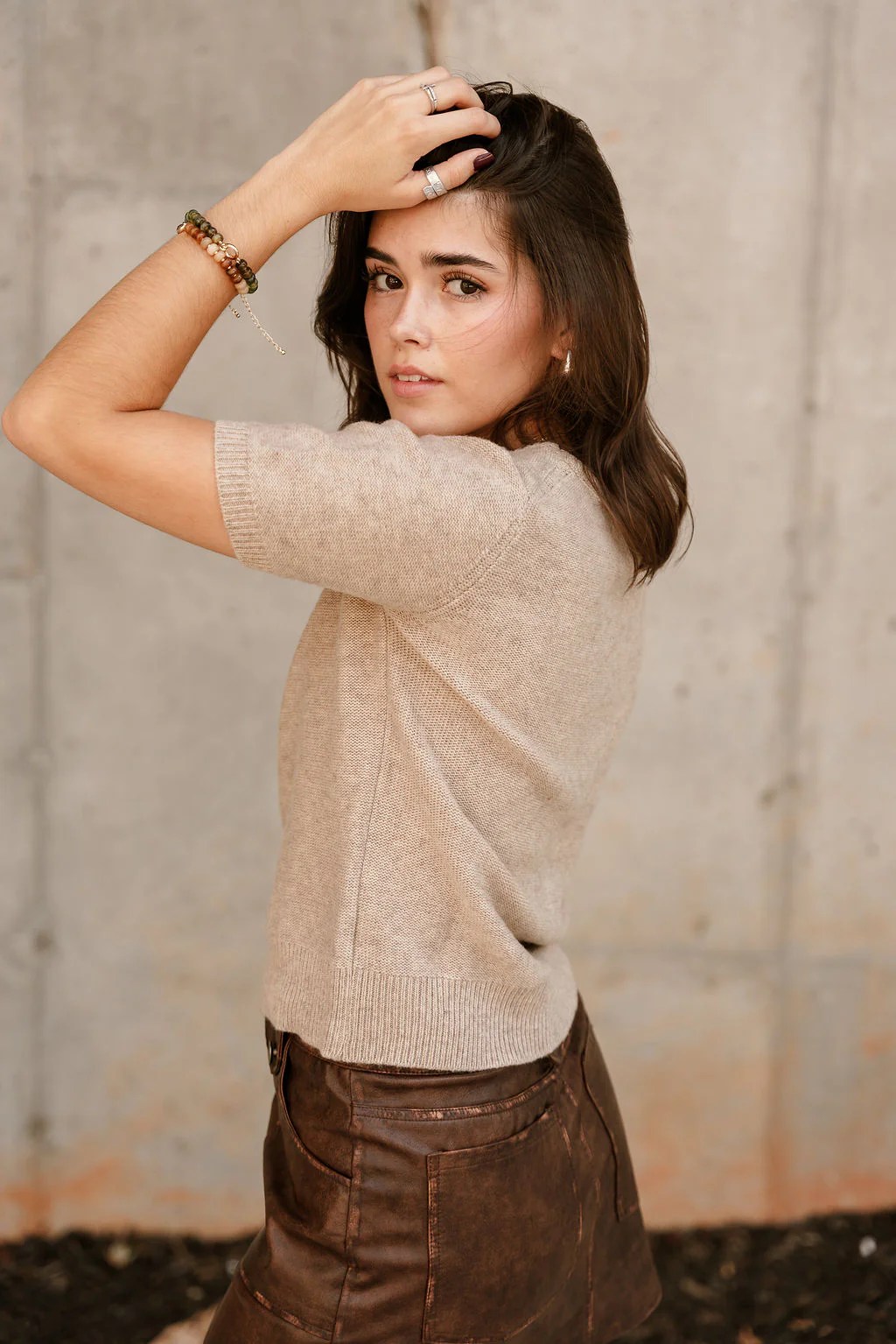 Aliya Taupe Knit Short Sleeve Sweater - Image 6