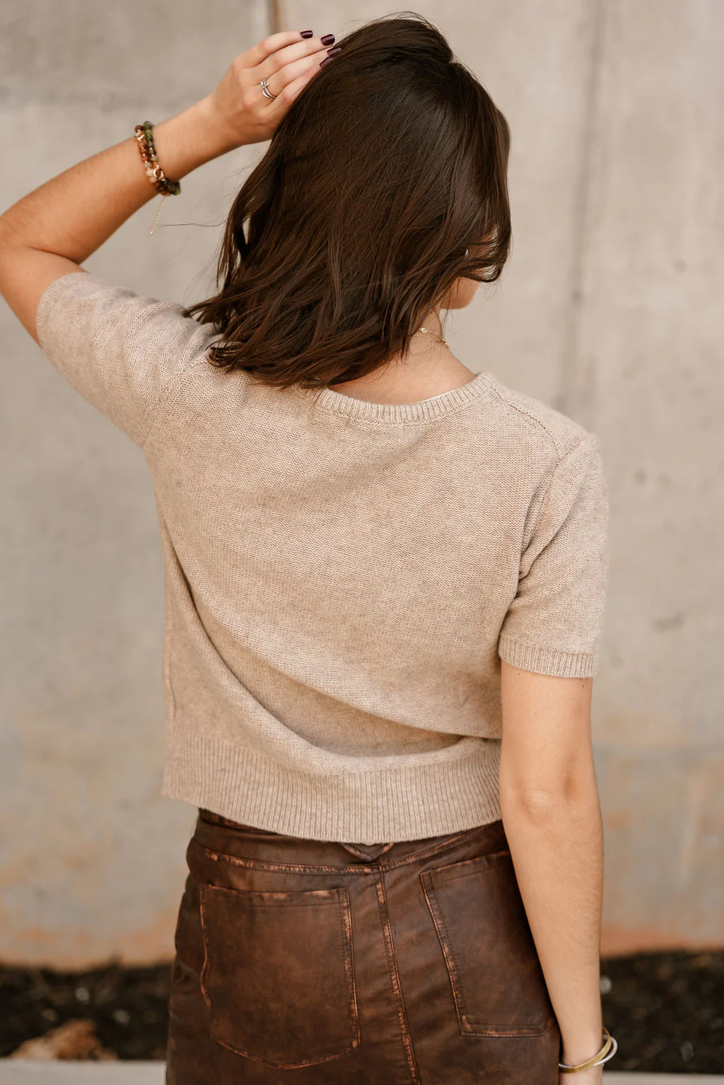 Aliya Taupe Knit Short Sleeve Sweater - Image 8