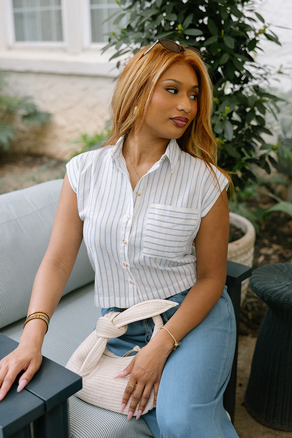 Alora White & Blue Stripe Short Sleeve Top