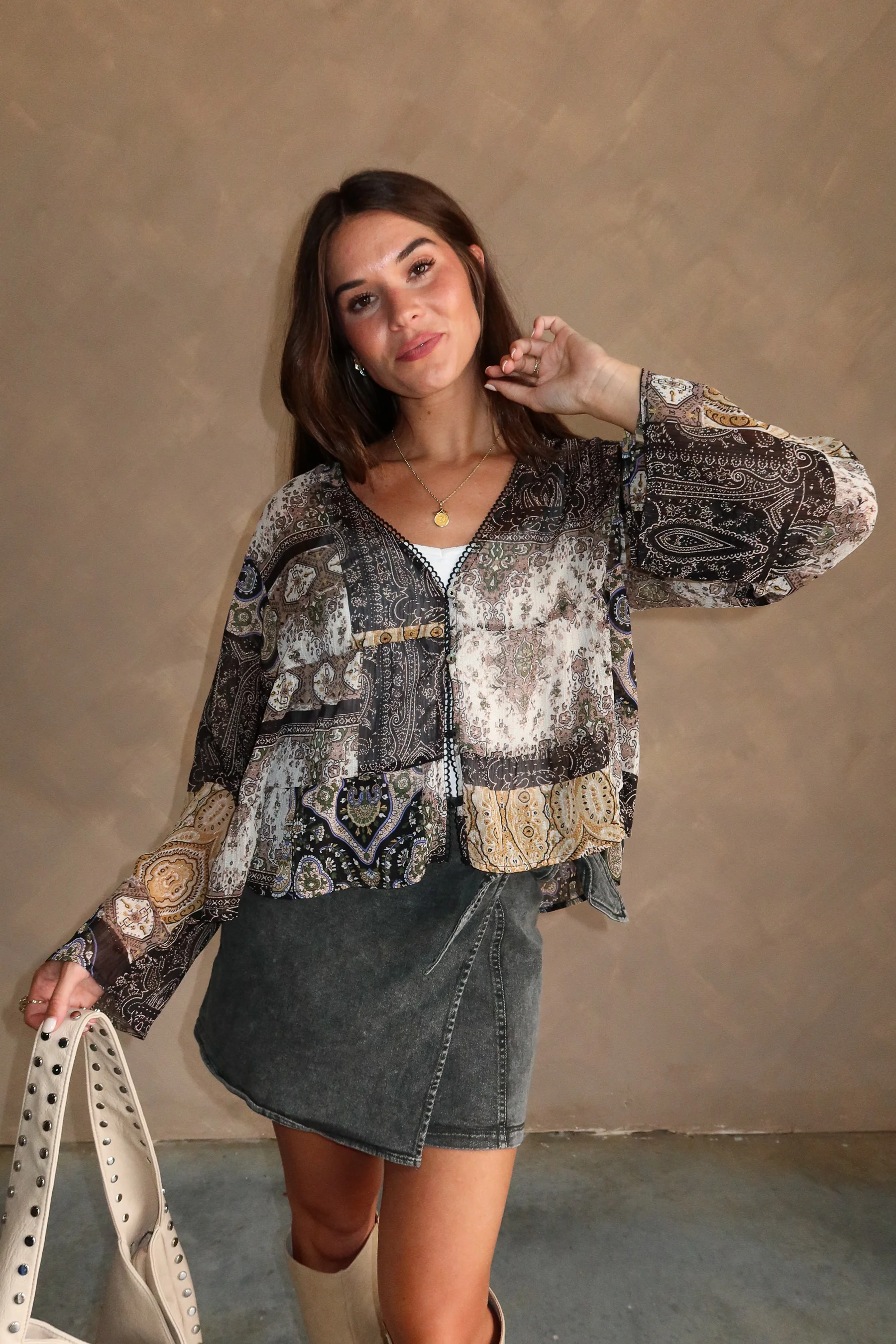 Alyssa Brown Multi Boho Long Sleeve Top - Image 5