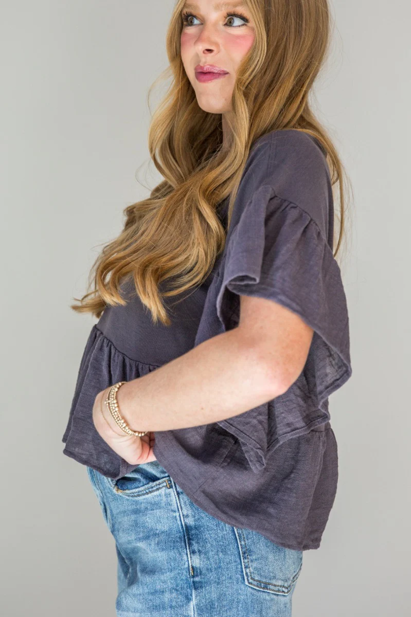 Alyssa Charcoal Ruffled Short Sleeve Top - Image 2