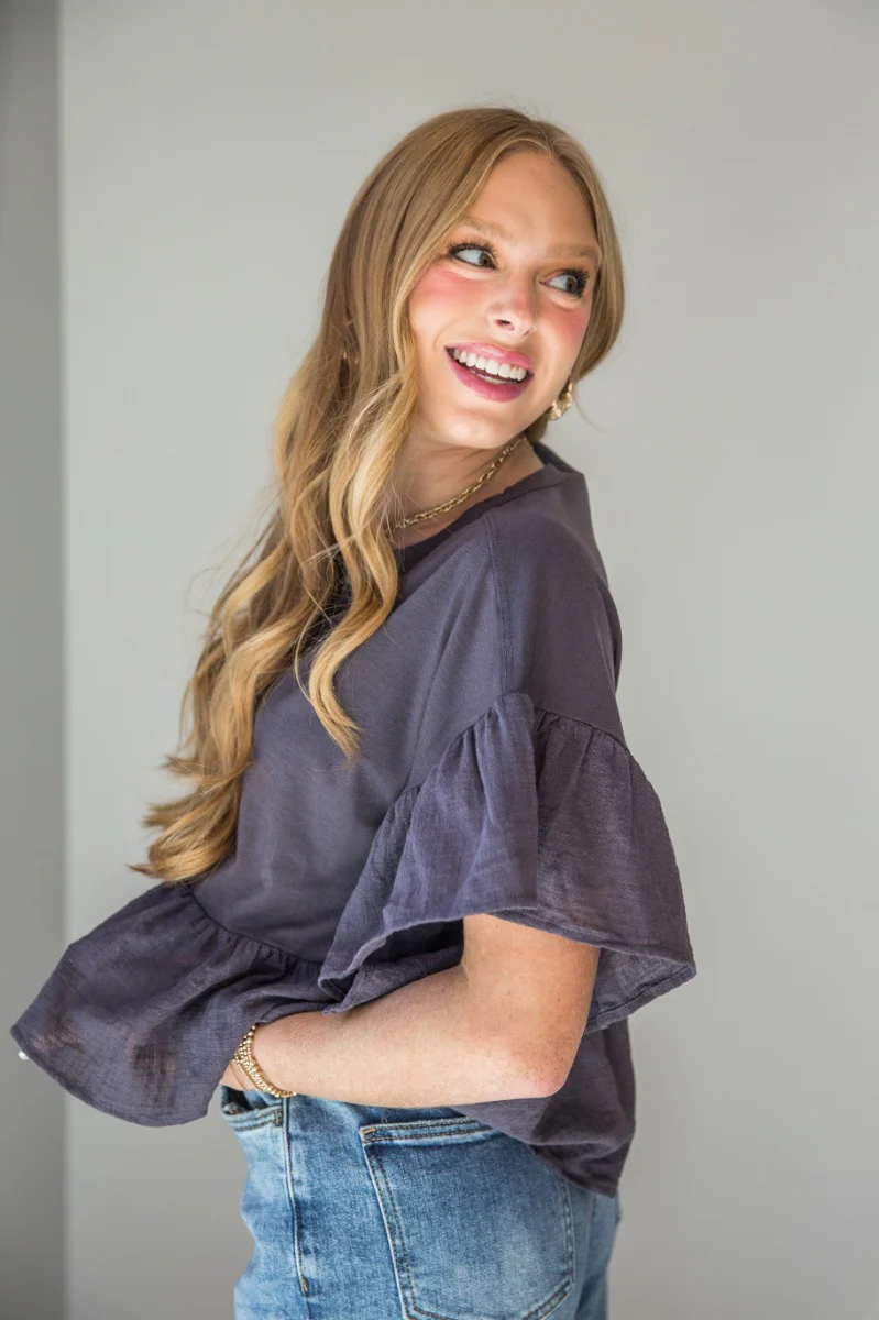 Alyssa Charcoal Ruffled Short Sleeve Top - Image 3