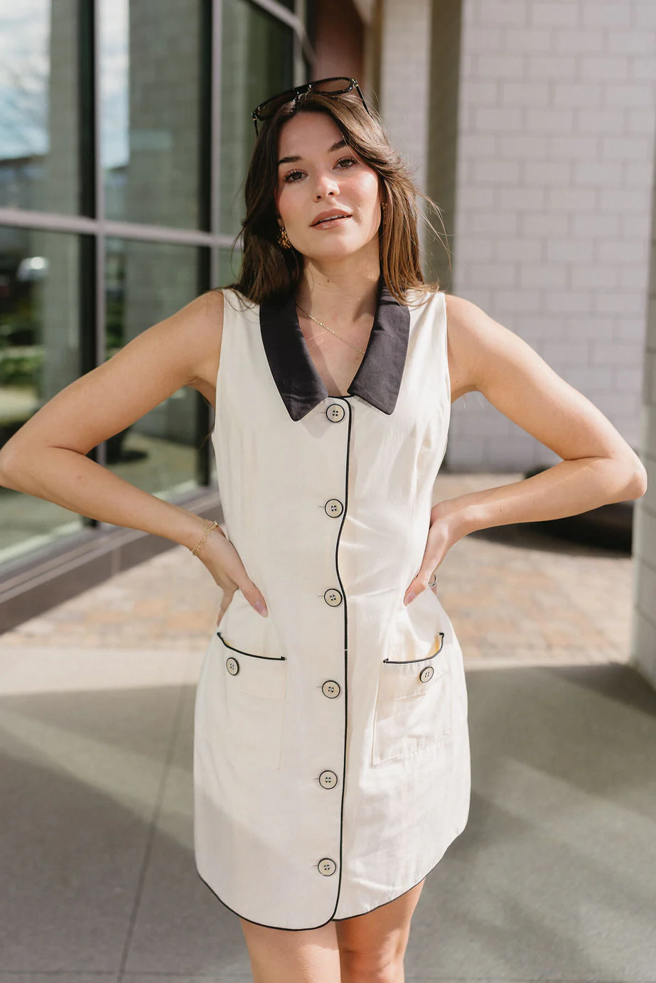 Amanda Cream & Black Button-Up Mini Dress - Image 3
