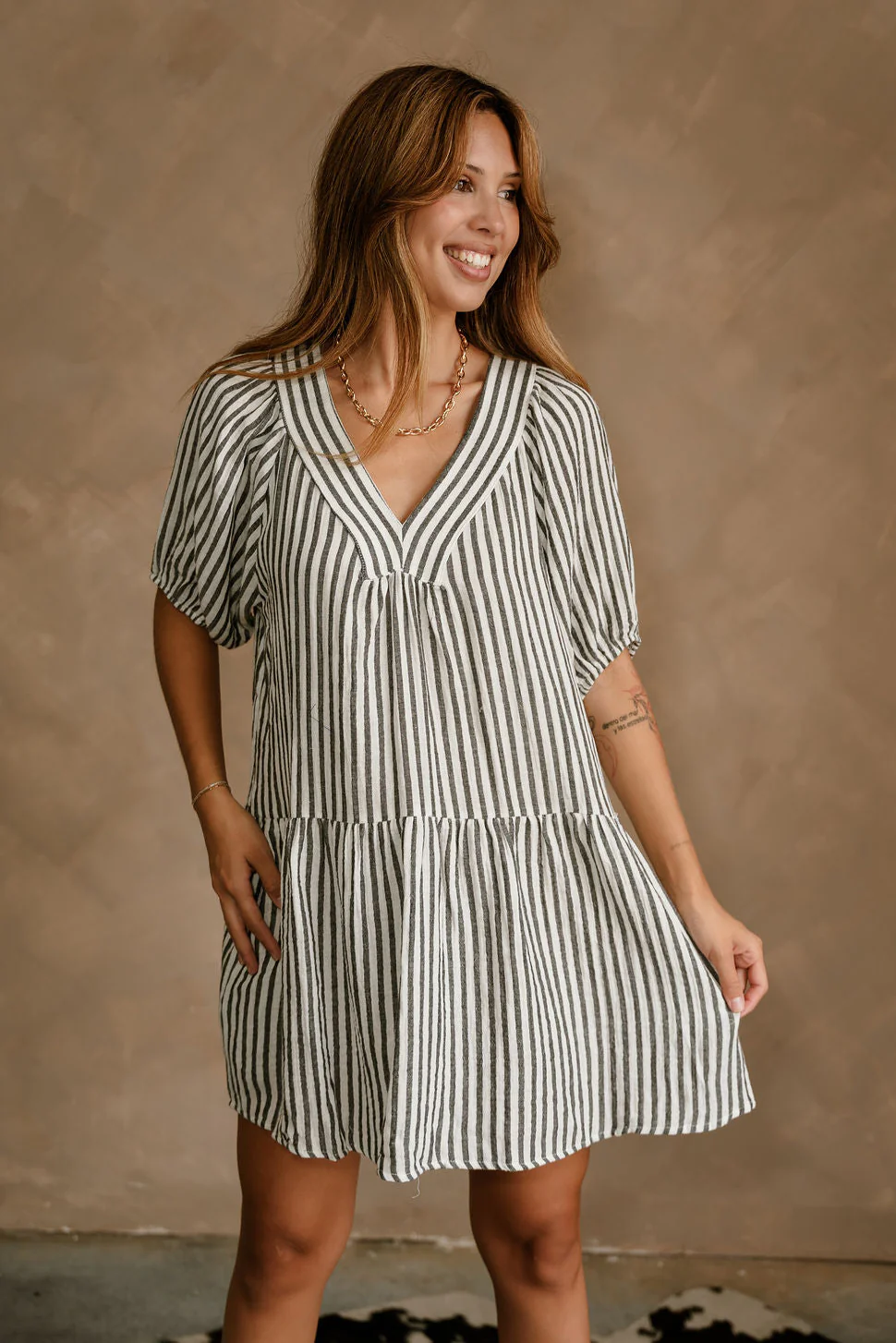 Amber White & Black Stripe Flare Mini Dress - Image 2