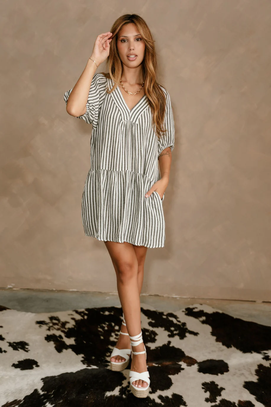 Amber White & Black Stripe Flare Mini Dress - Image 4