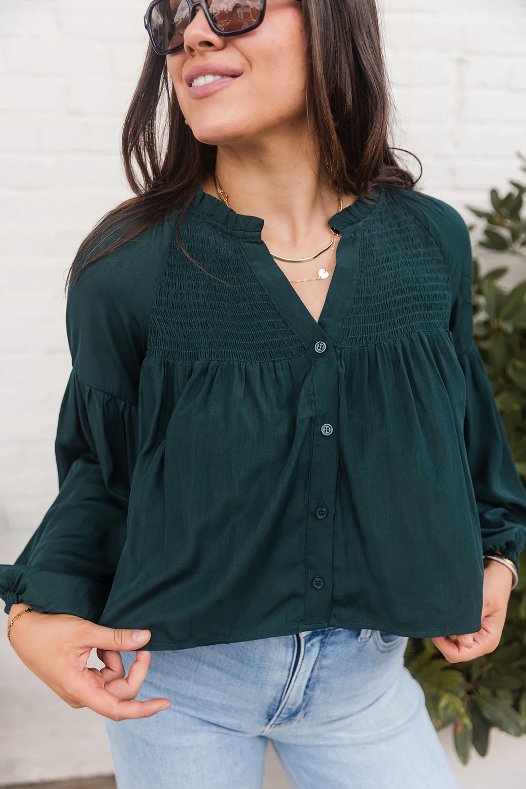 Amelia Hunter Green Smocked Long Sleeve Top - Image 2