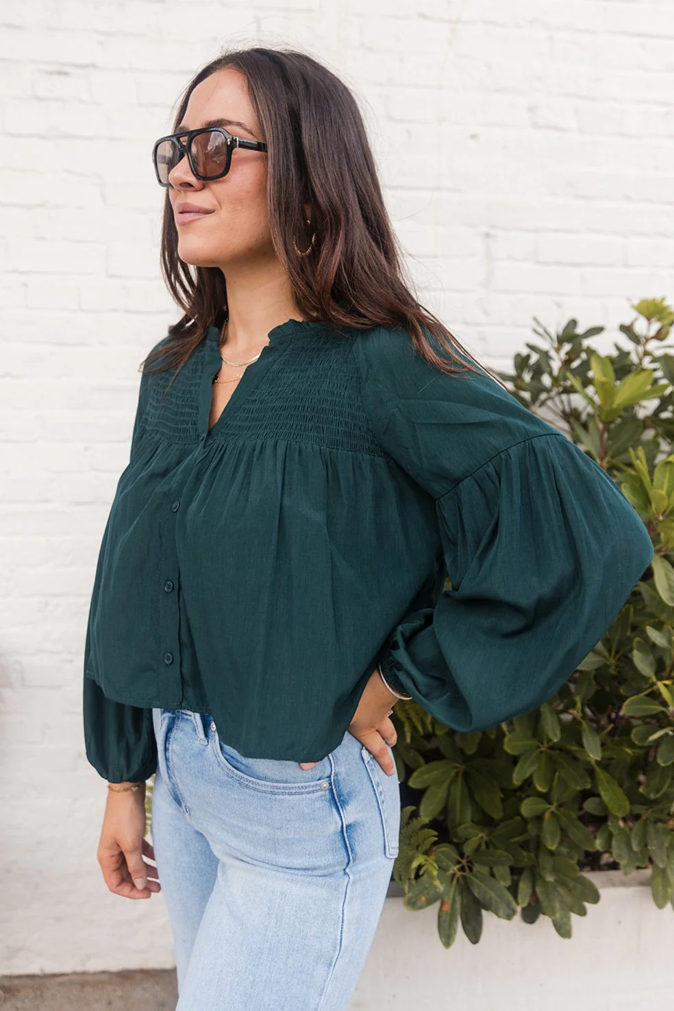 Amelia Hunter Green Smocked Long Sleeve Top - Image 3