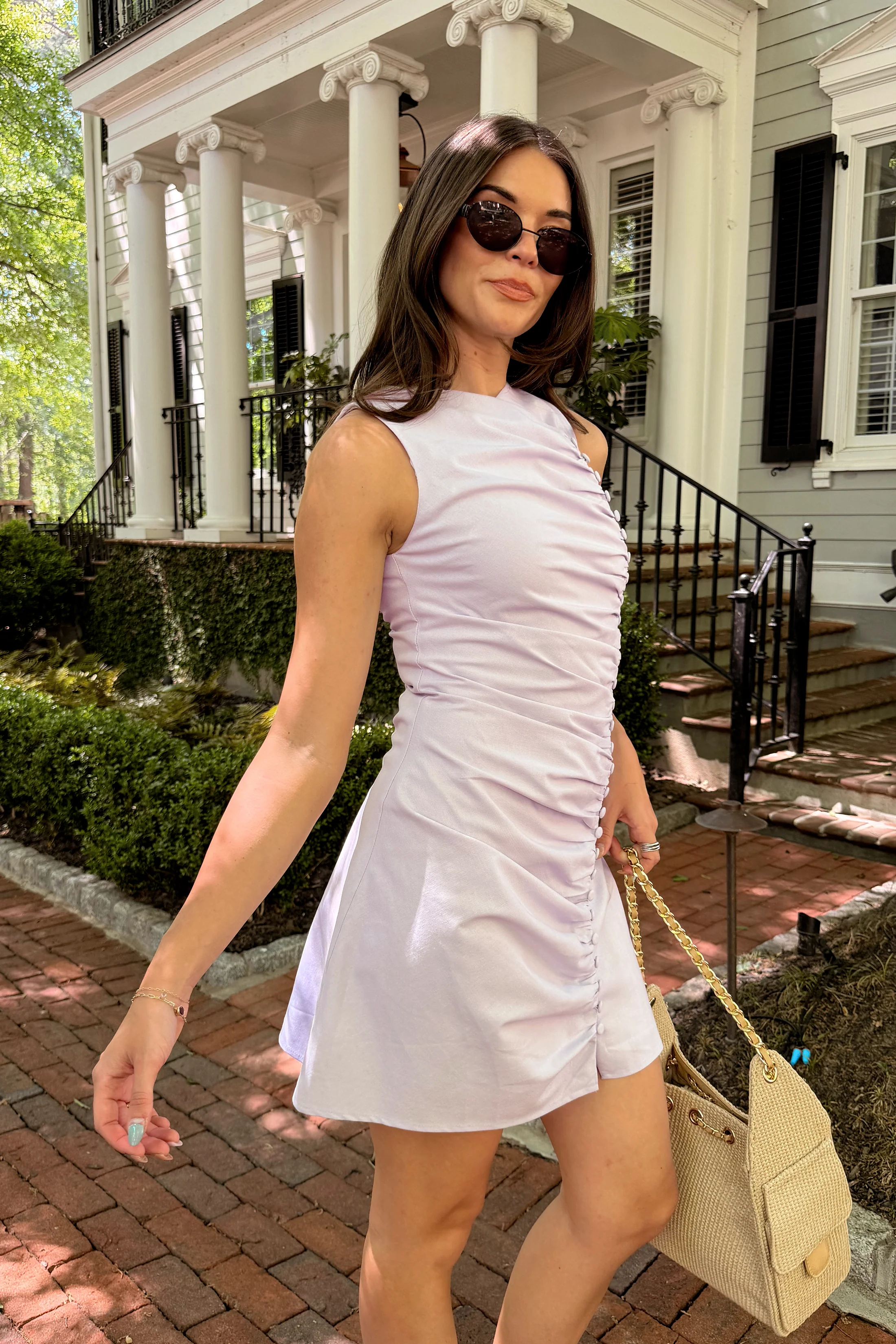 Amelia Lavender Ruched & Buttoned Mini Dress - Image 2