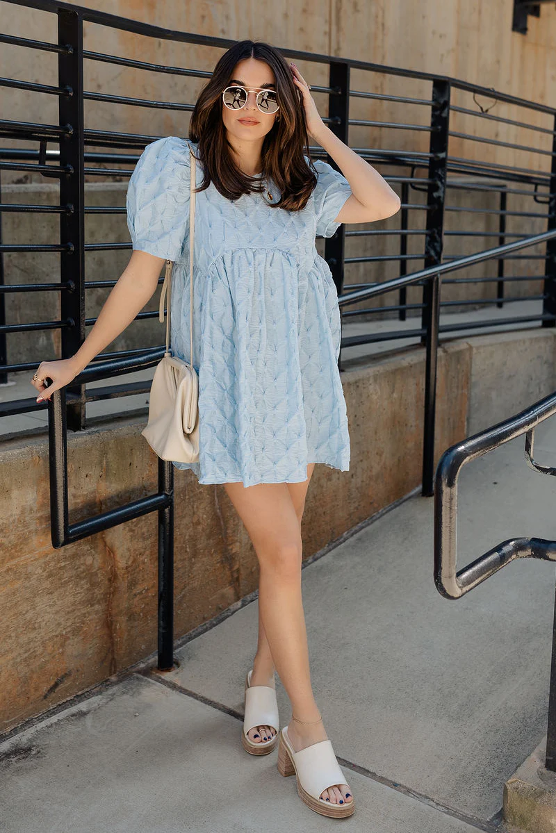 Amelia Light Blue Short Puff Sleeve BabyDoll Dress - Image 3
