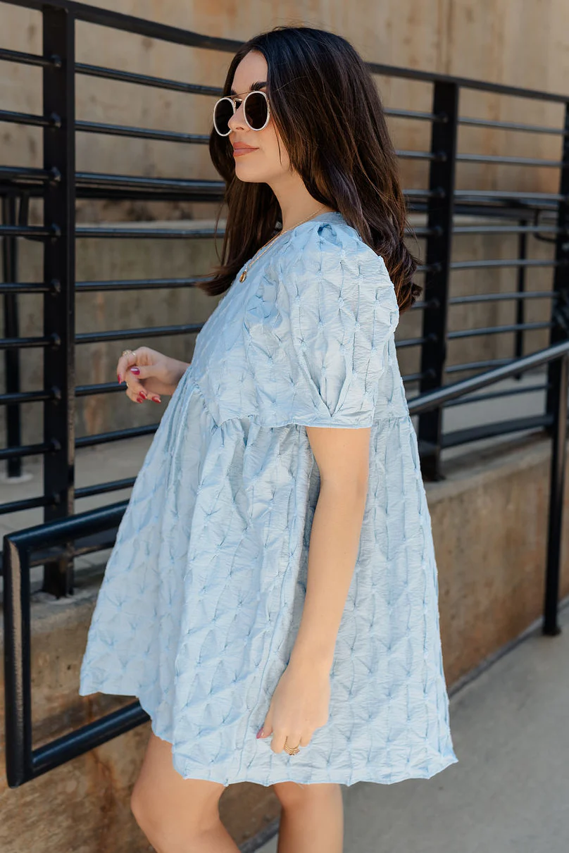 Amelia Light Blue Short Puff Sleeve BabyDoll Dress - Image 4