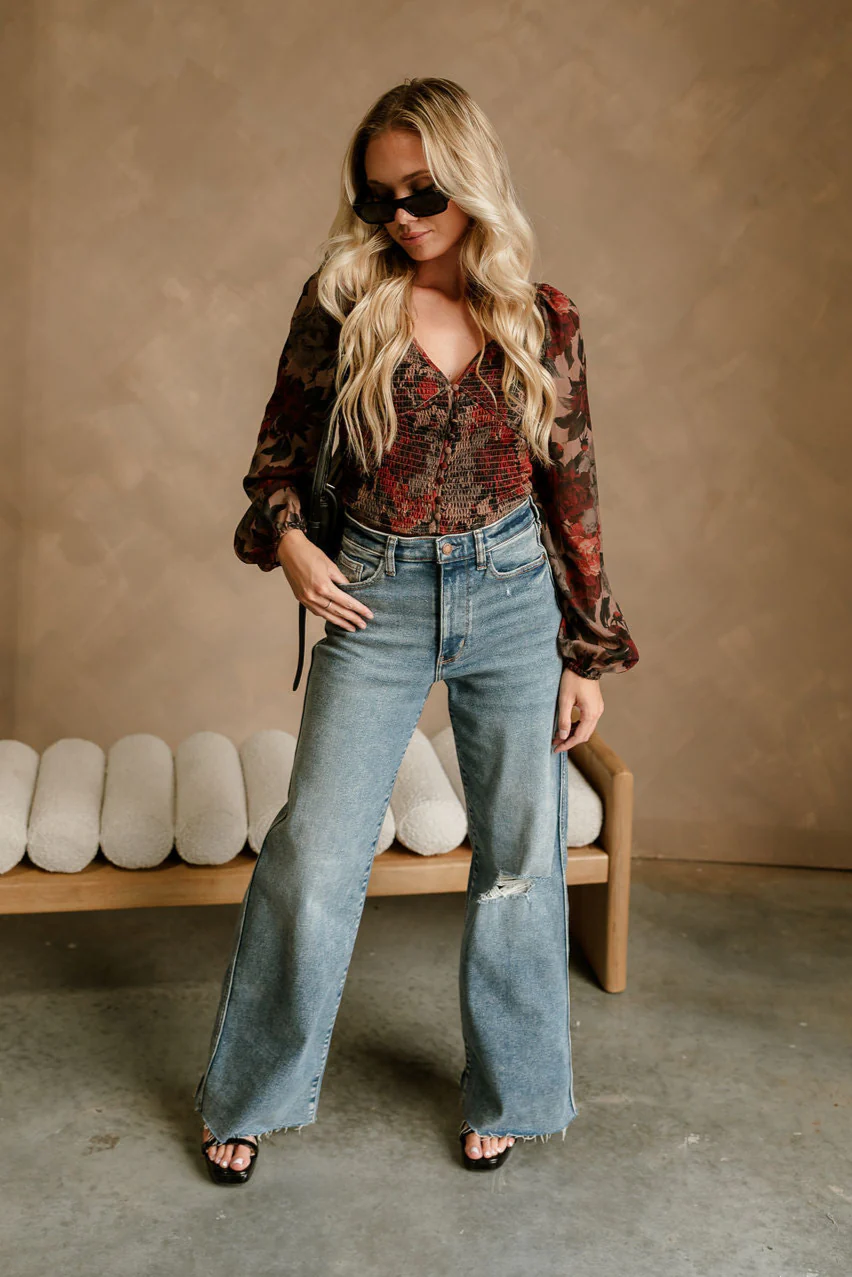 Amora Black Multi Floral Long Sleeve Top - Image 2