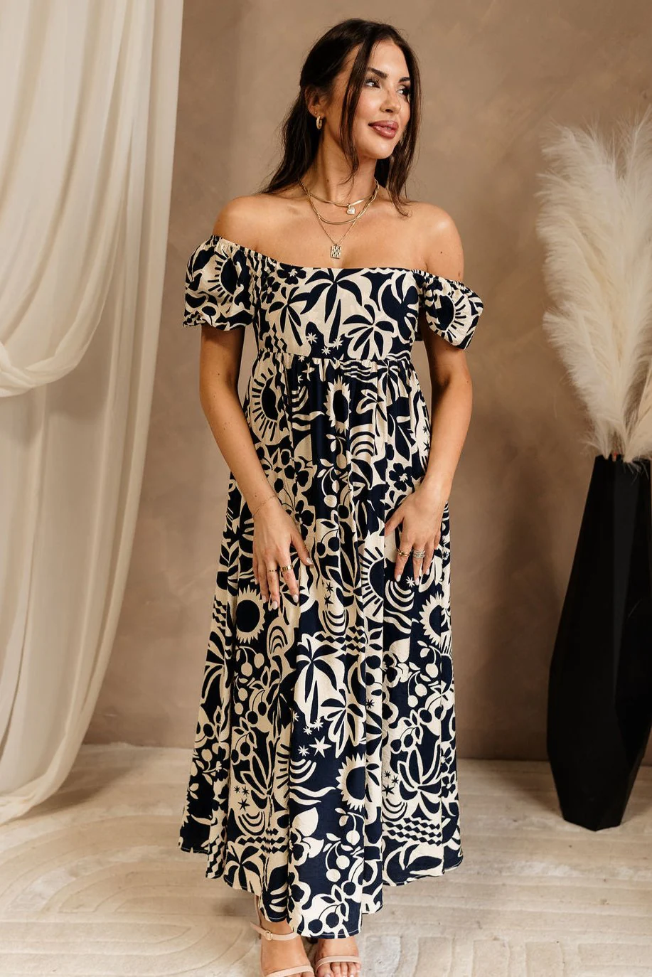 Anabella Navy & Cream Printed Midi Dress - Image 2