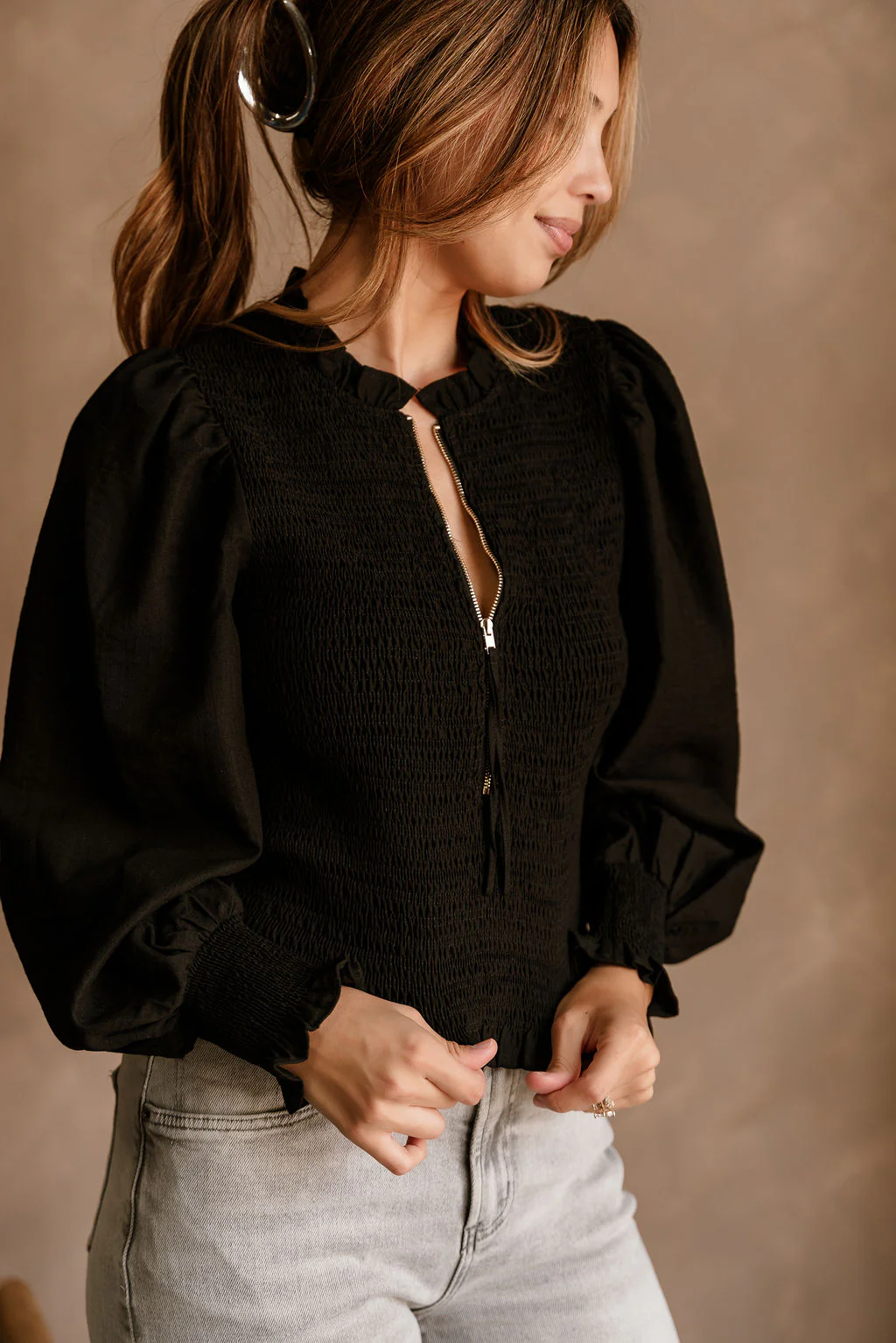 Andrea Black Zip-Up Top - Image 3