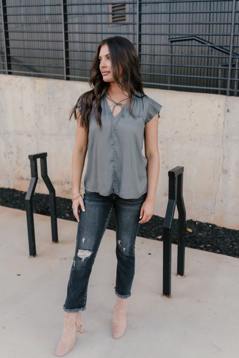 Angela Charcoal Satin Pleated Top - Image 2