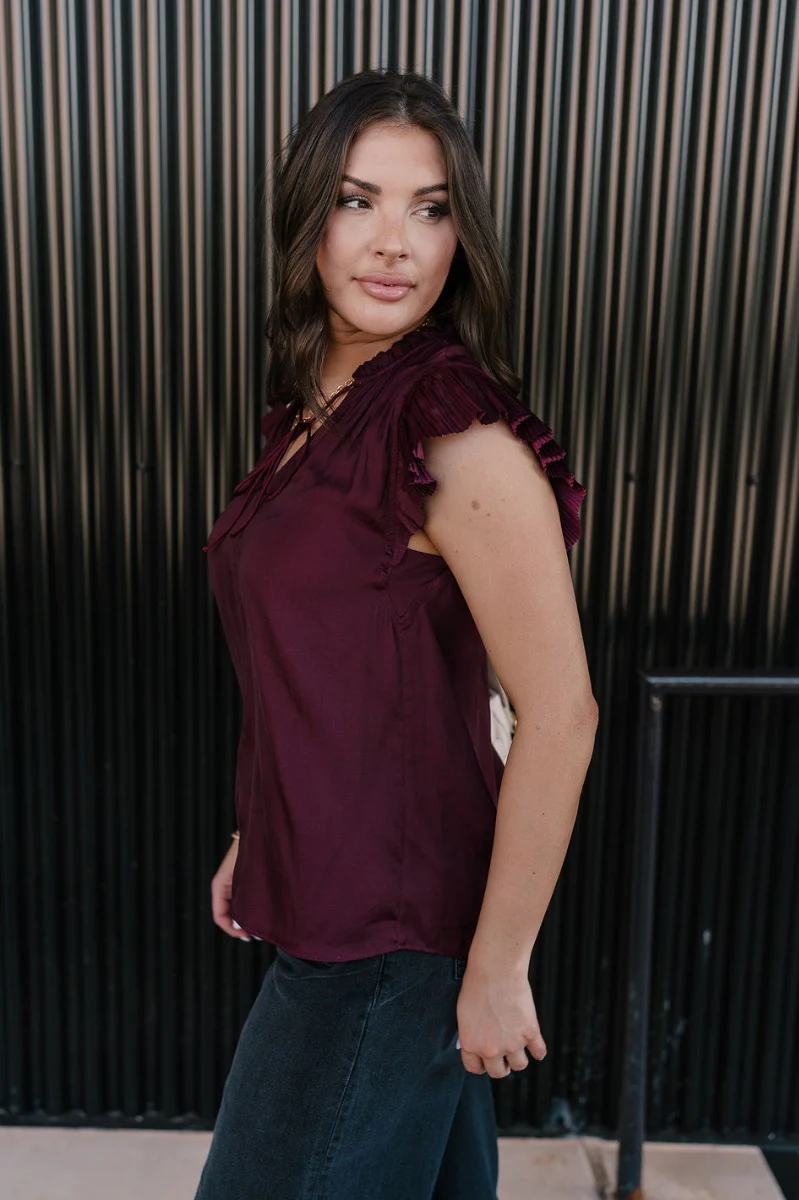 Angela Plum Satin Ruffle Short Sleeve Top