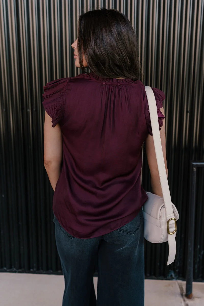 Angela Plum Satin Ruffle Short Sleeve Top - Image 6