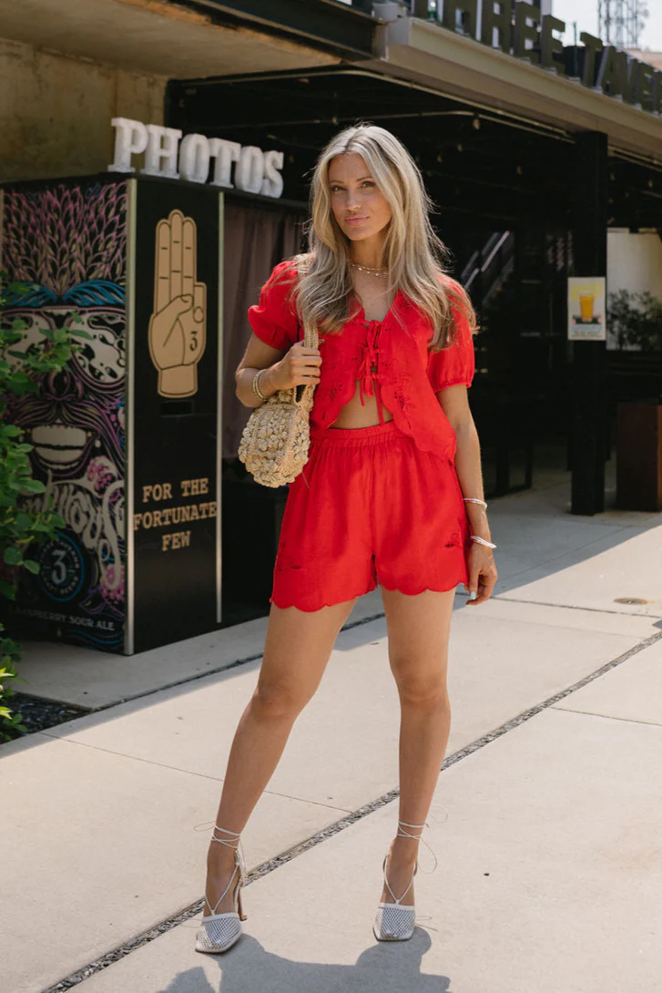 Angela Red Floral Eyelet Tie Top - Image 4
