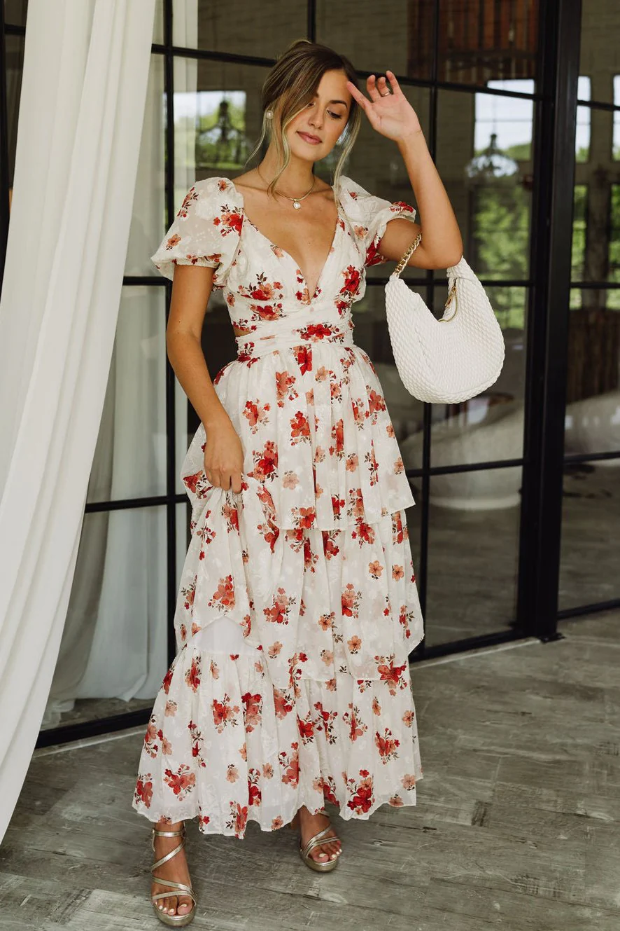 Annabelle Beige & Red Floral Tiered Maxi Dress