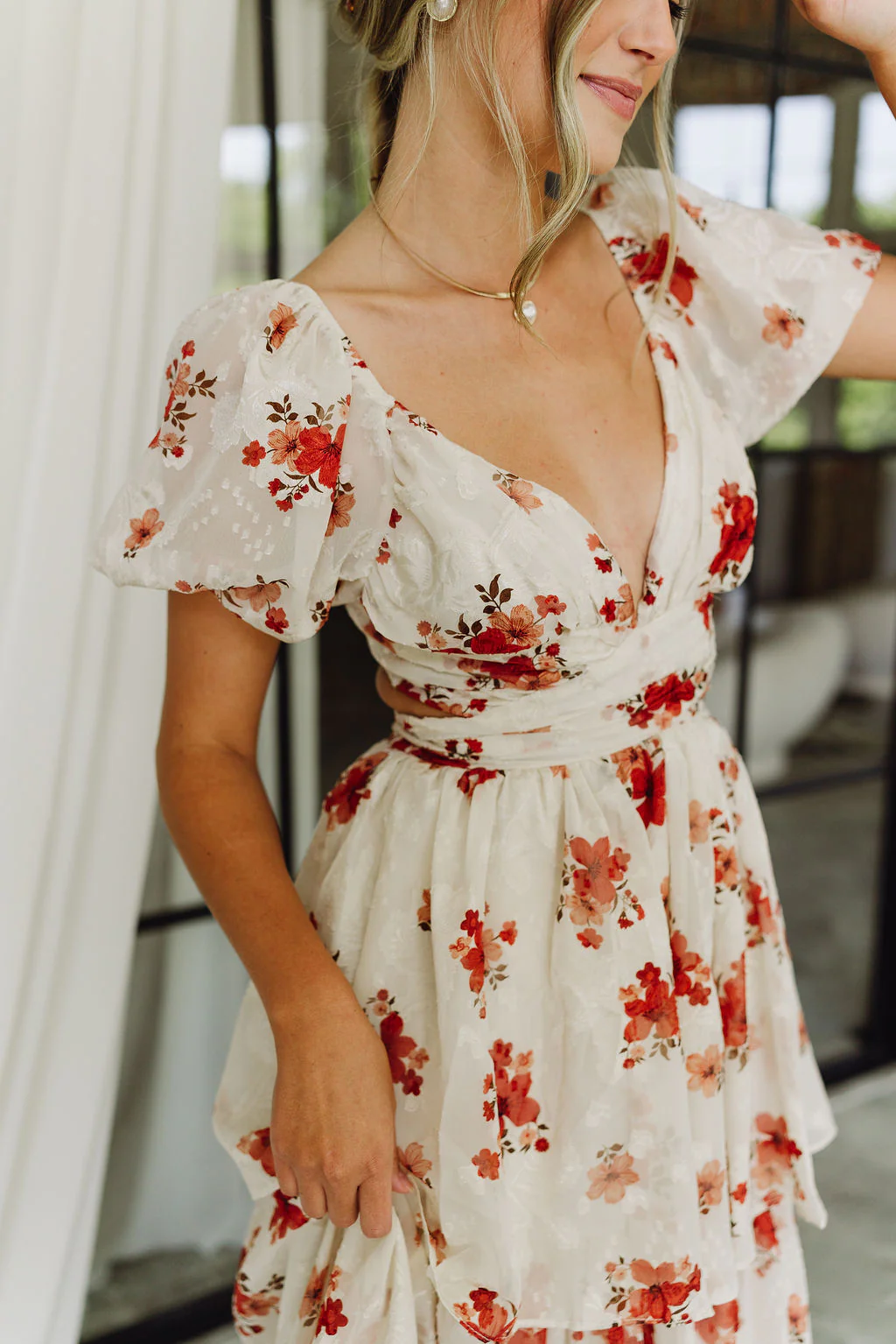 Annabelle Beige & Red Floral Tiered Maxi Dress - Image 5