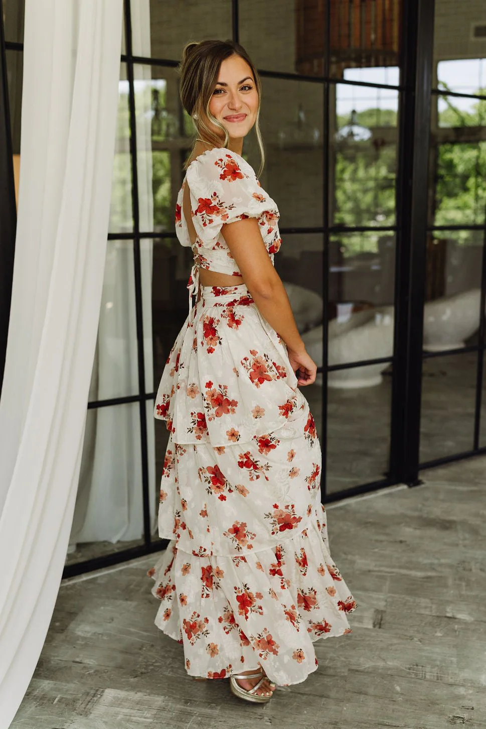 Annabelle Beige & Red Floral Tiered Maxi Dress - Image 6