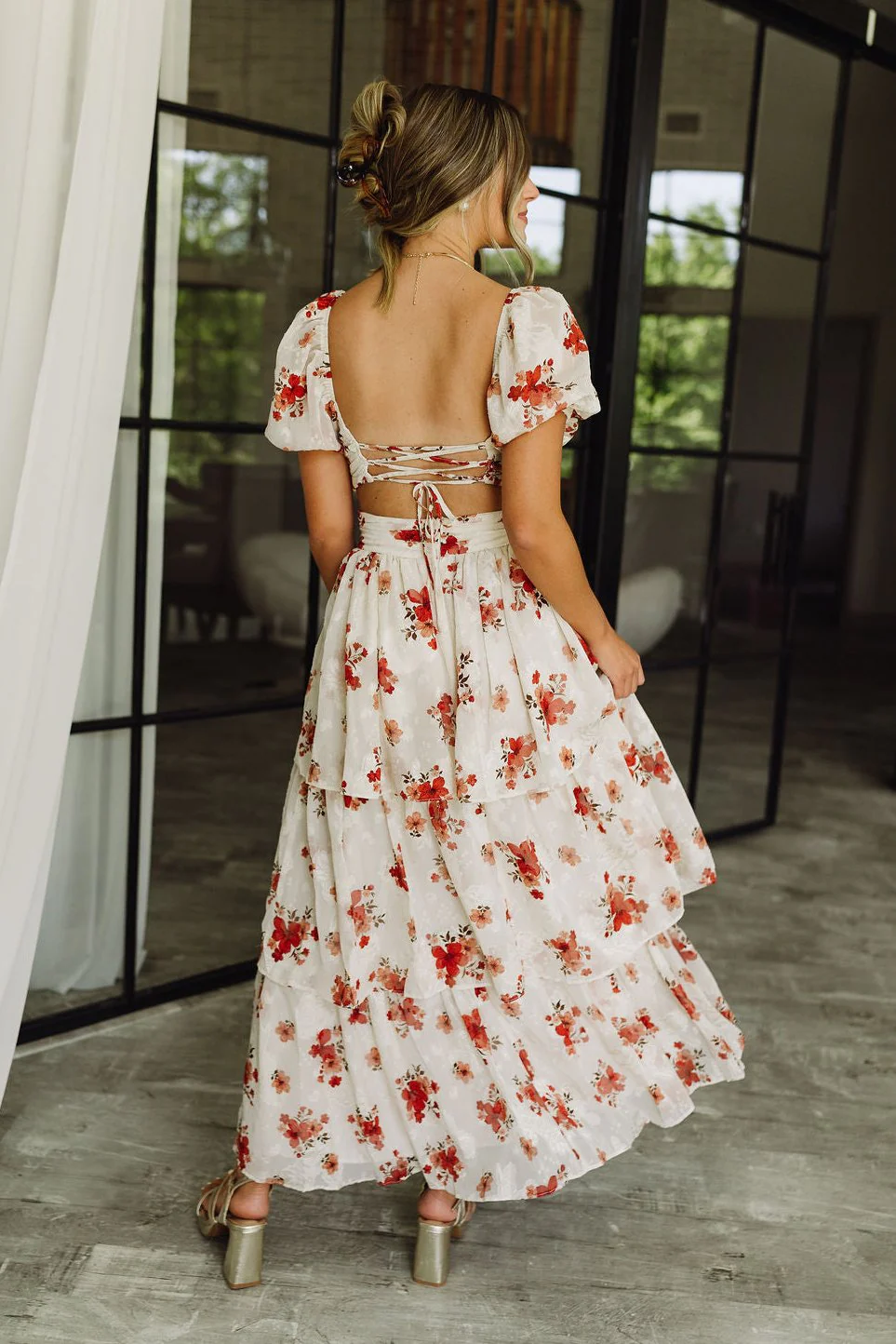 Annabelle Beige & Red Floral Tiered Maxi Dress - Image 7