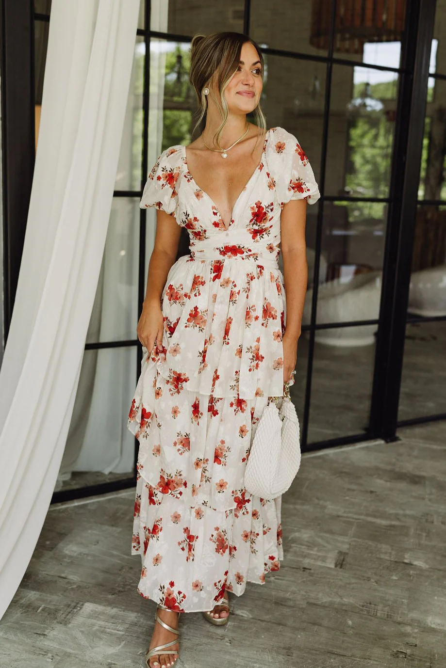 Annabelle Beige & Red Floral Tiered Maxi Dress - Image 8