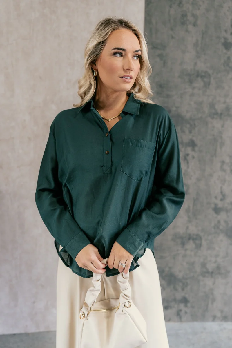 Annalise Teal Long Sleeve Collared Top - Image 3