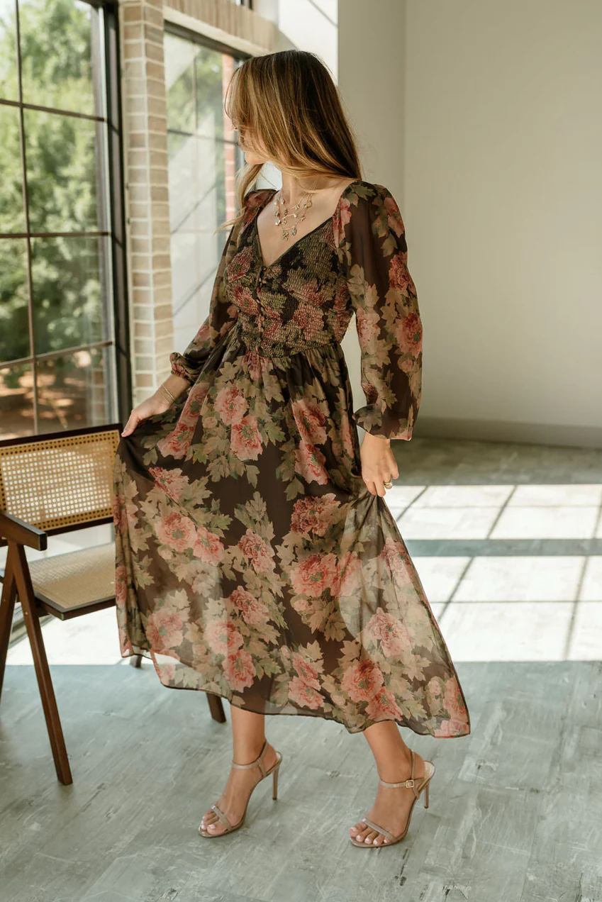 Any Brown Multi Floral Midi Dress - Image 9