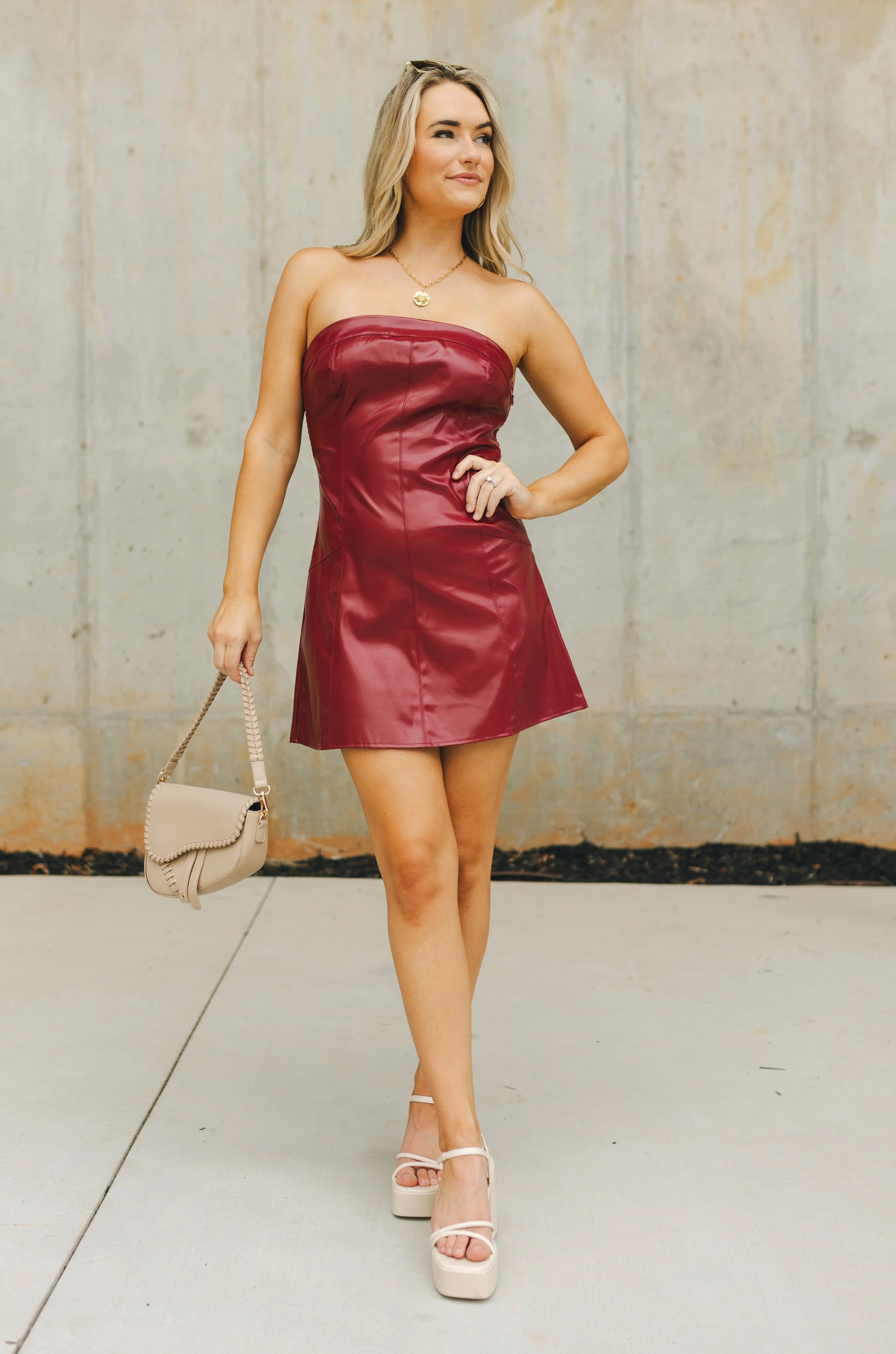 Anya Burgundy Faux-Leather Strapless Dress - Image 3