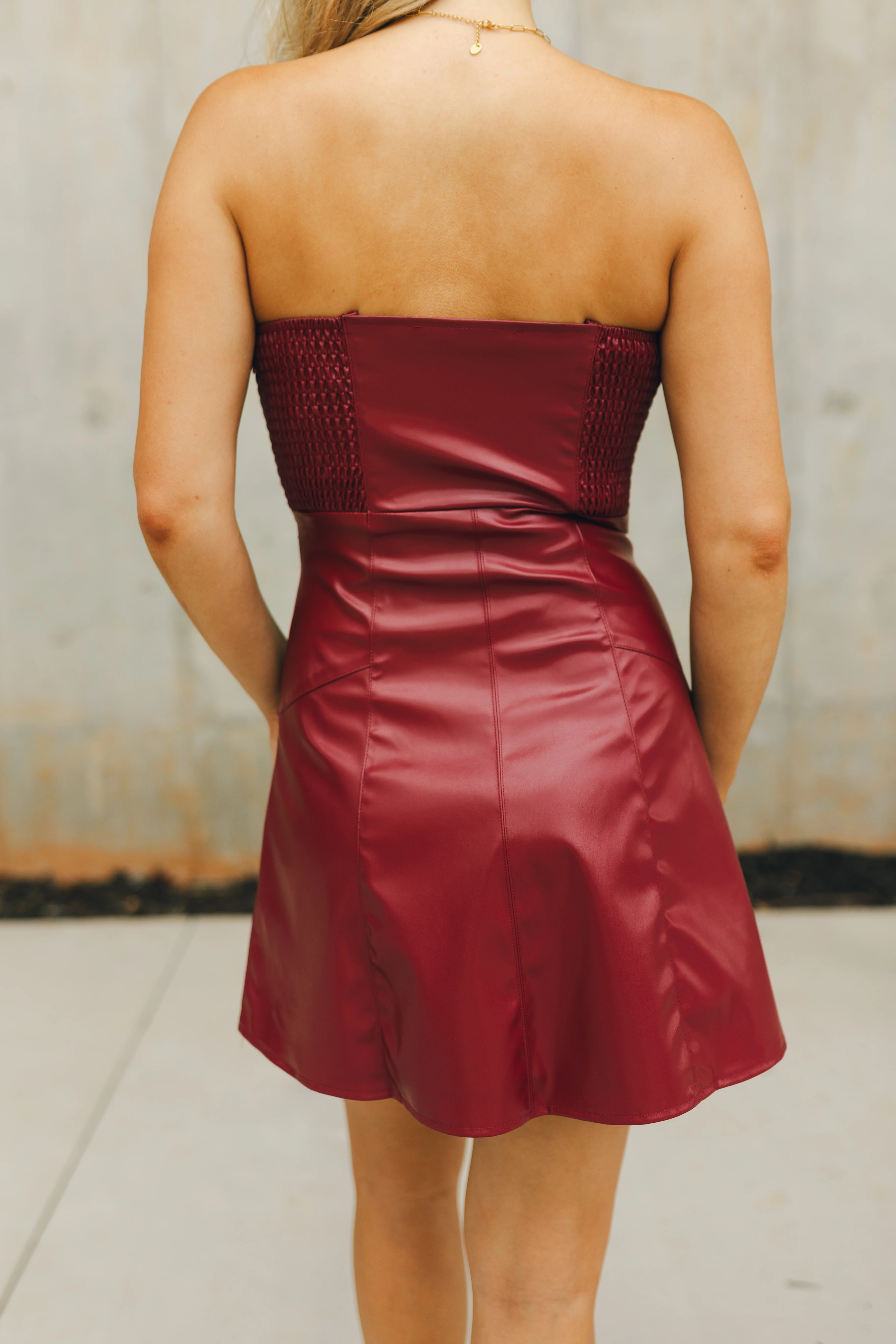 Anya Burgundy Faux-Leather Strapless Dress - Image 6