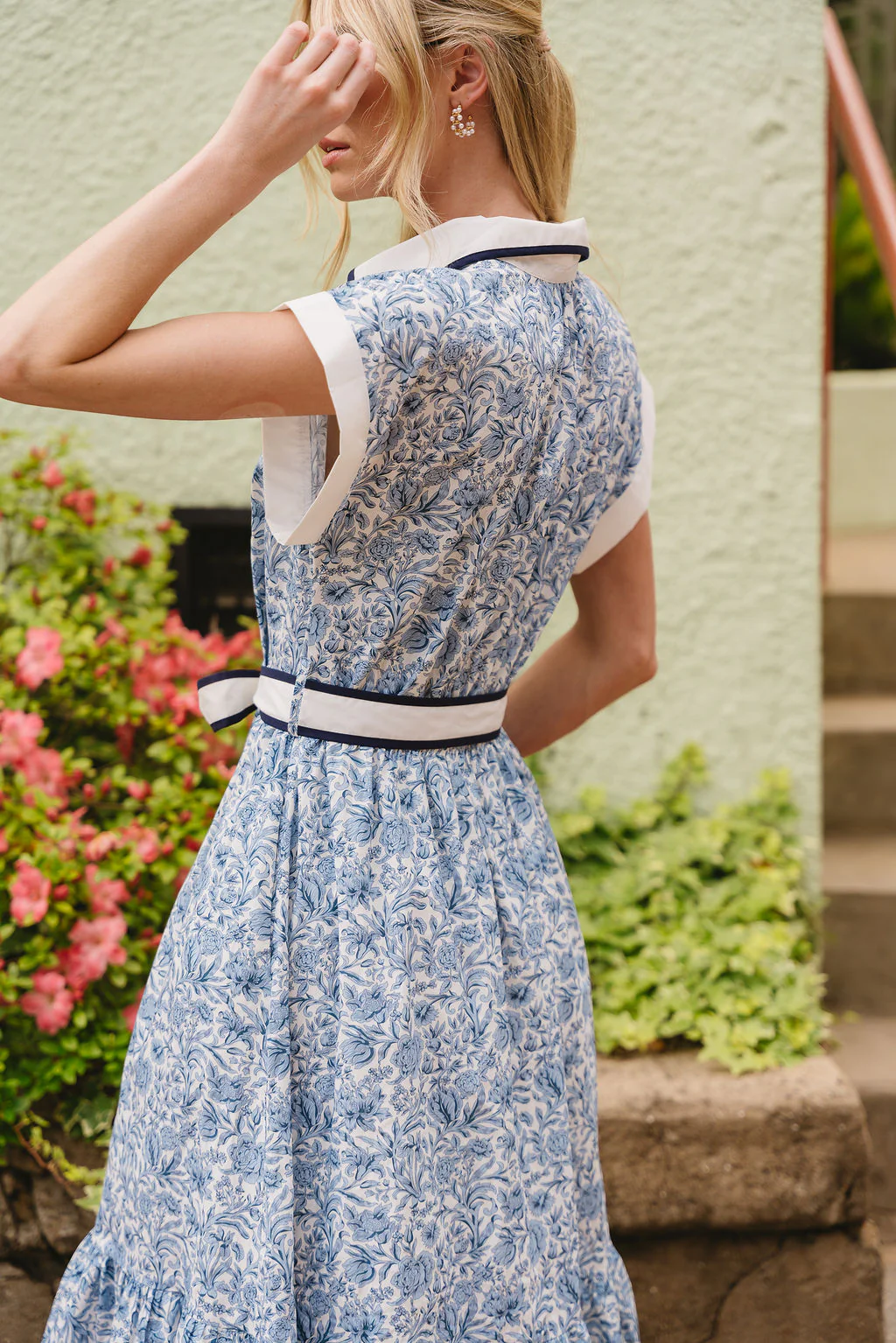 Ariana Blue & White Floral Tie Waist Midi Dress - Image 9