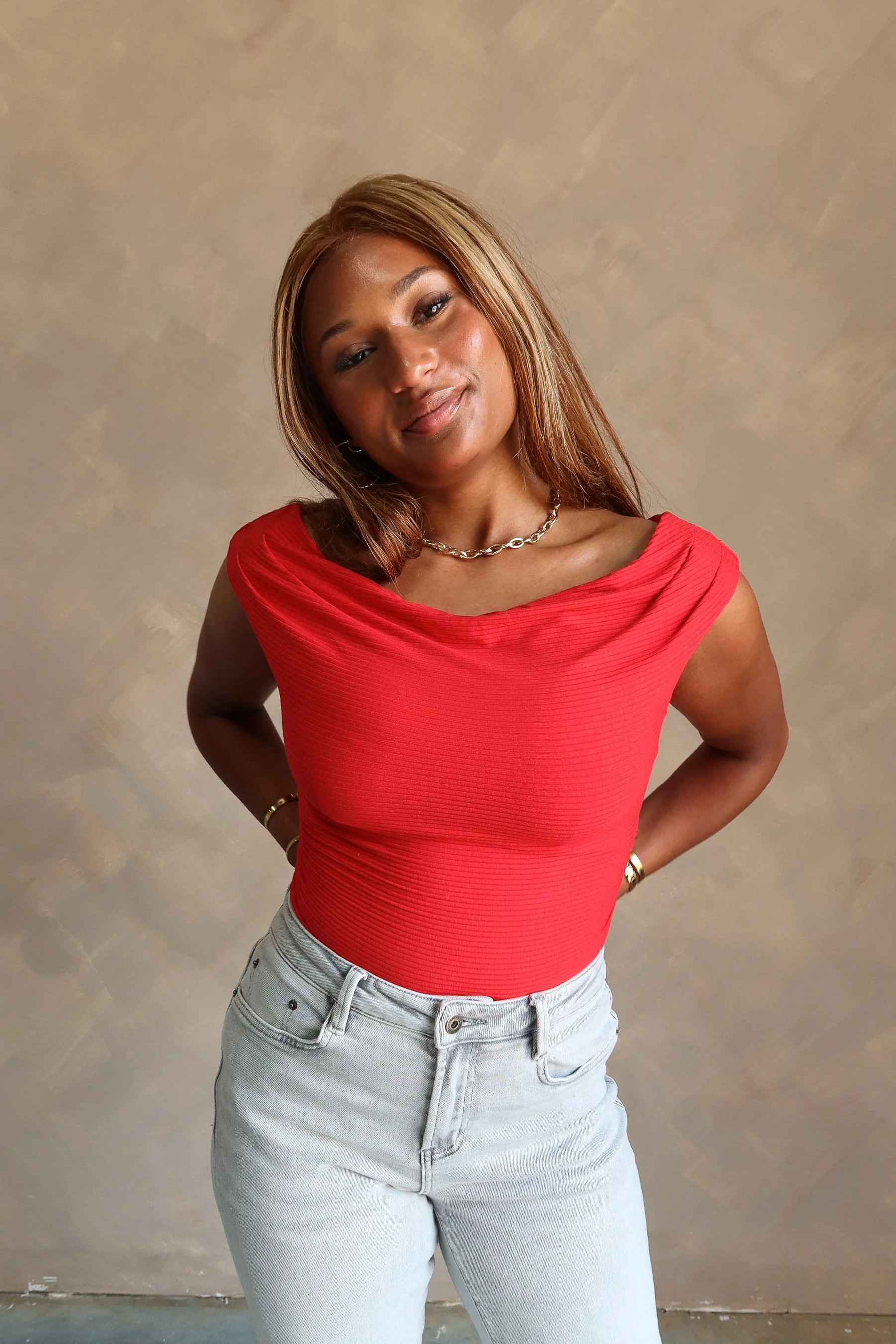 Ashleigh Red Cowl Neck Ruched Tank Top