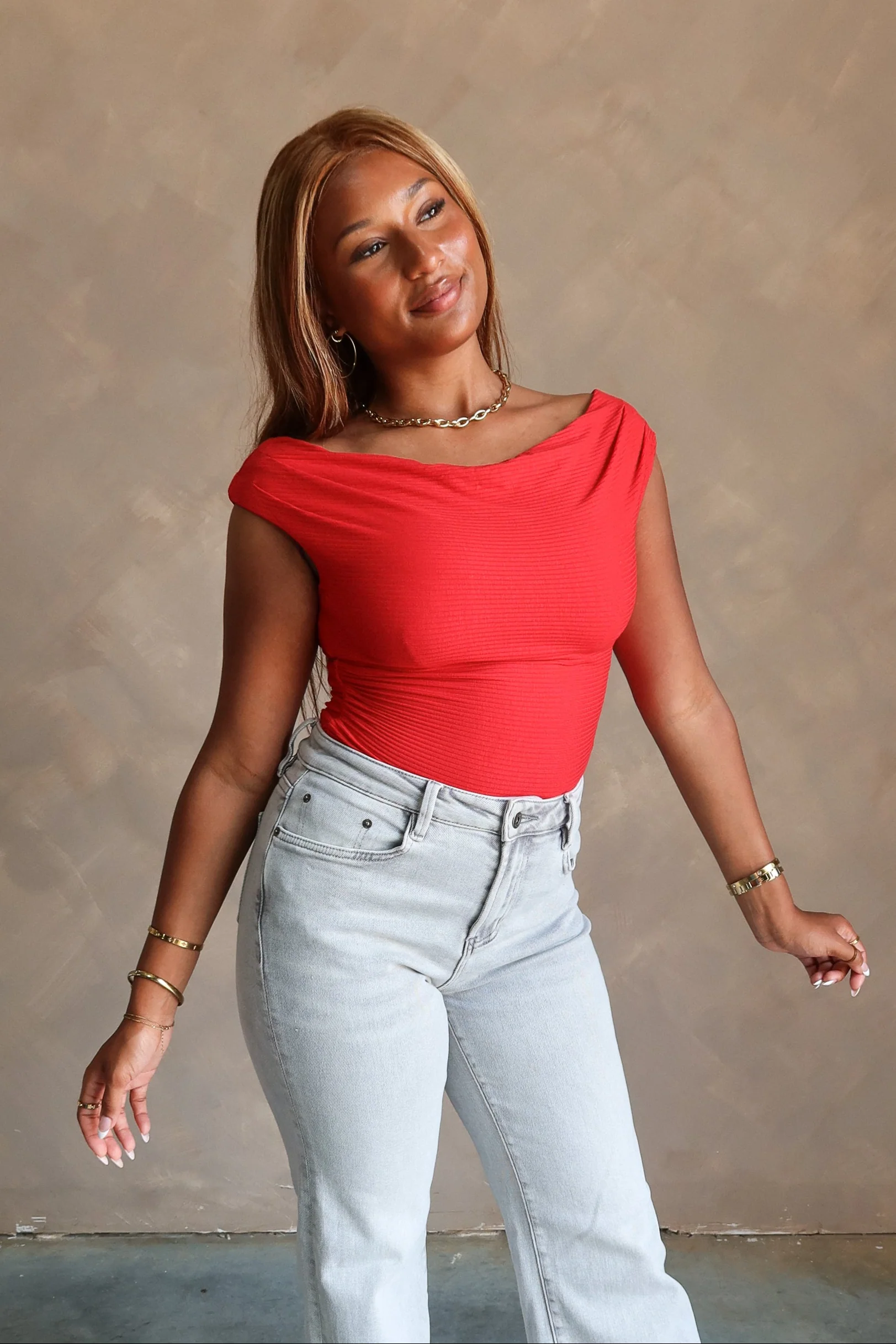 Ashleigh Red Cowl Neck Ruched Tank Top - Image 3