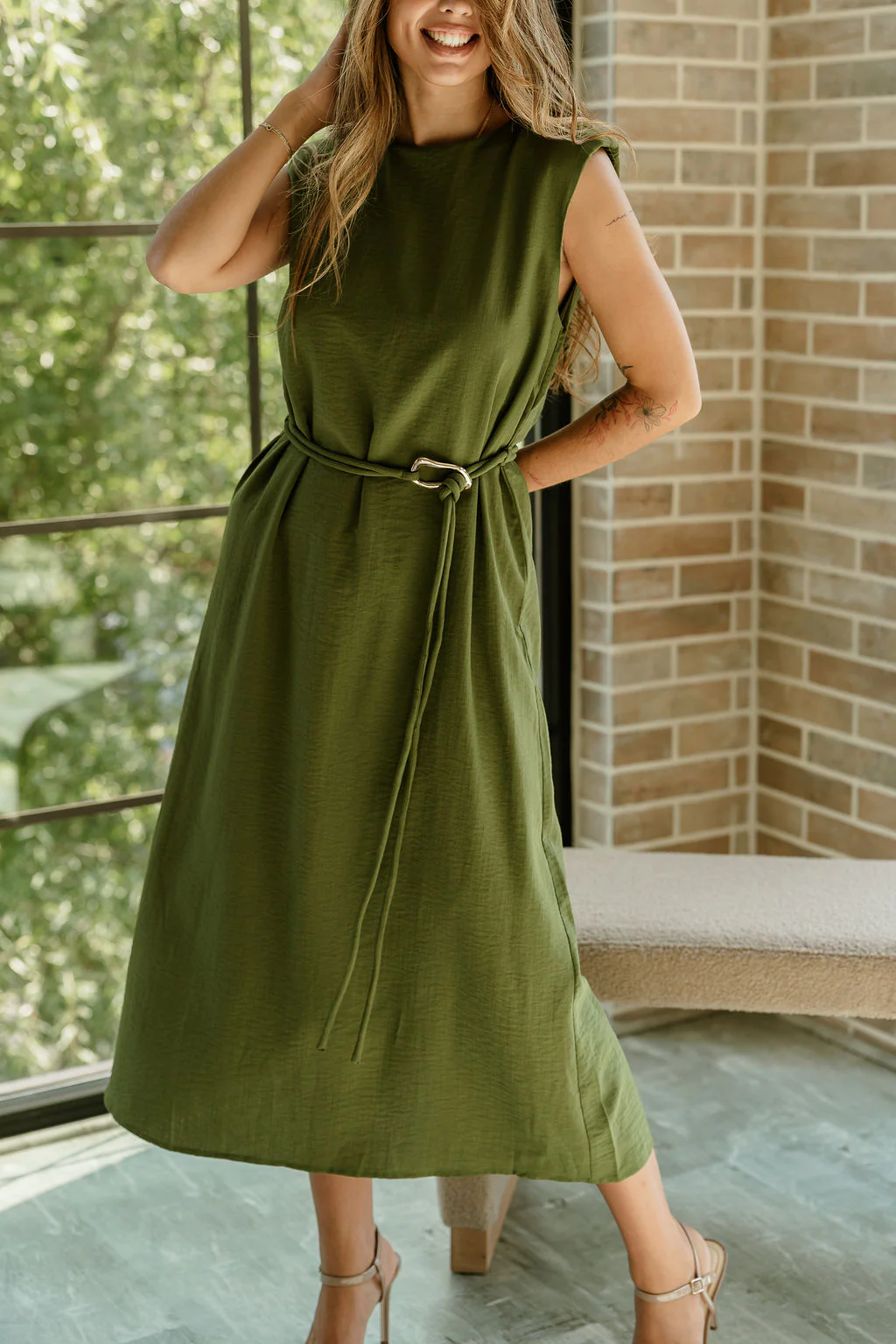 Ashley Olive Green Tie Waist Midi Dress - Image 2