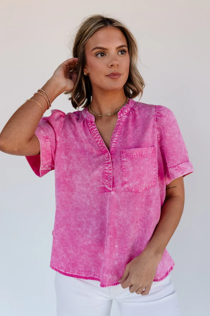 Ashlyn Washed Pink Short Sleeve Top