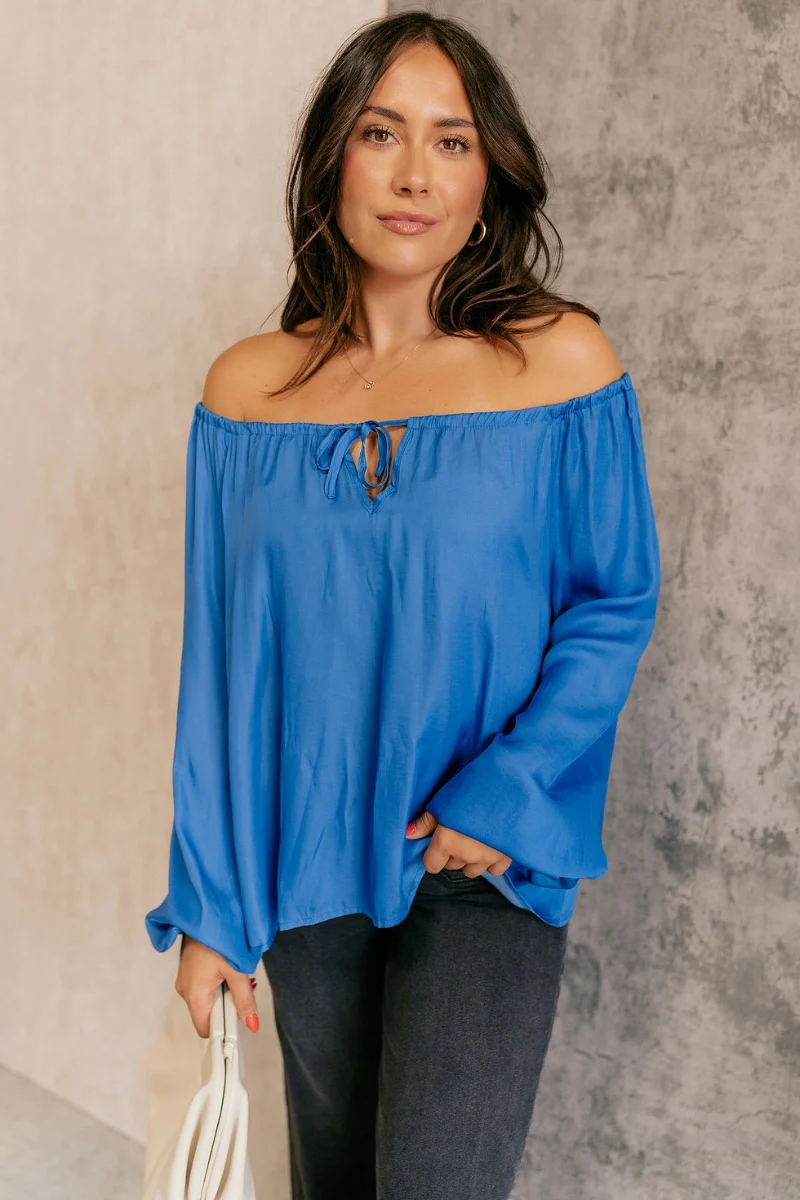 Audrey Blue Satin Adjustable Neckline Long Sleeve Top