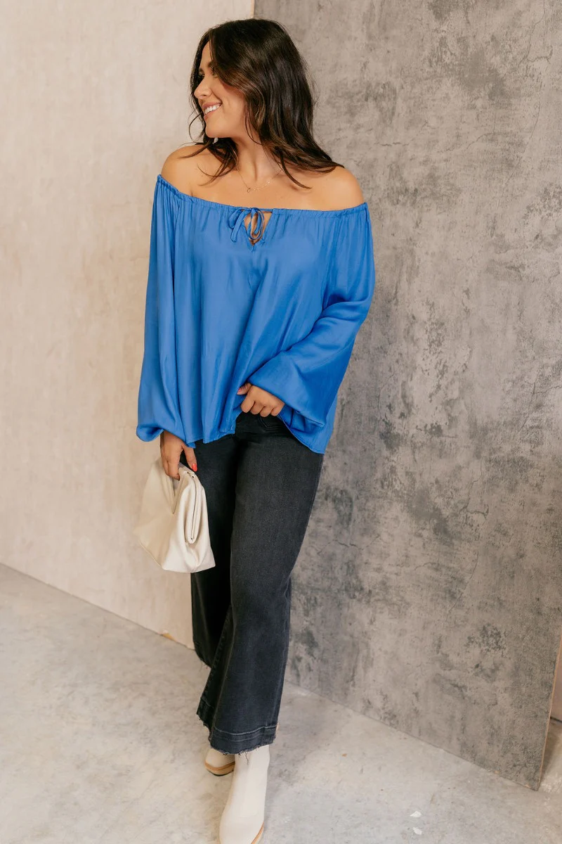 Audrey Blue Satin Adjustable Neckline Long Sleeve Top - Image 3