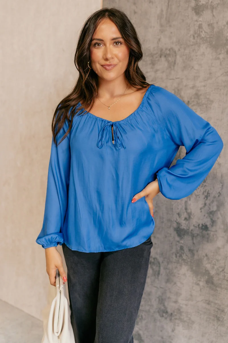 Audrey Blue Satin Adjustable Neckline Long Sleeve Top - Image 4